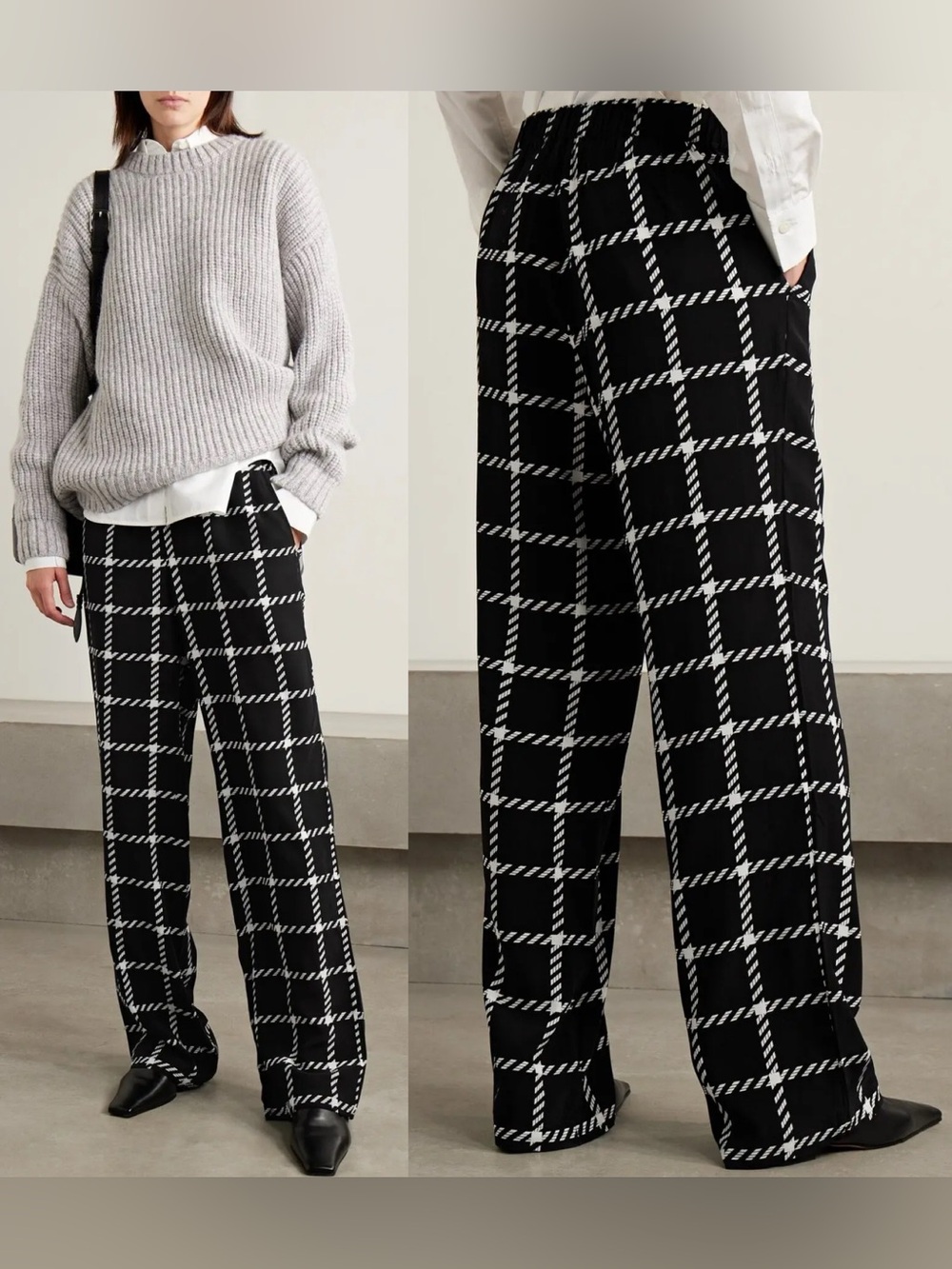 ANINE BING Owen Windowpane Plaid Wide-Leg Pants Black White Size M